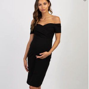 PinkBlush Black Solid Off Shoulder Maternity Fitted Dress